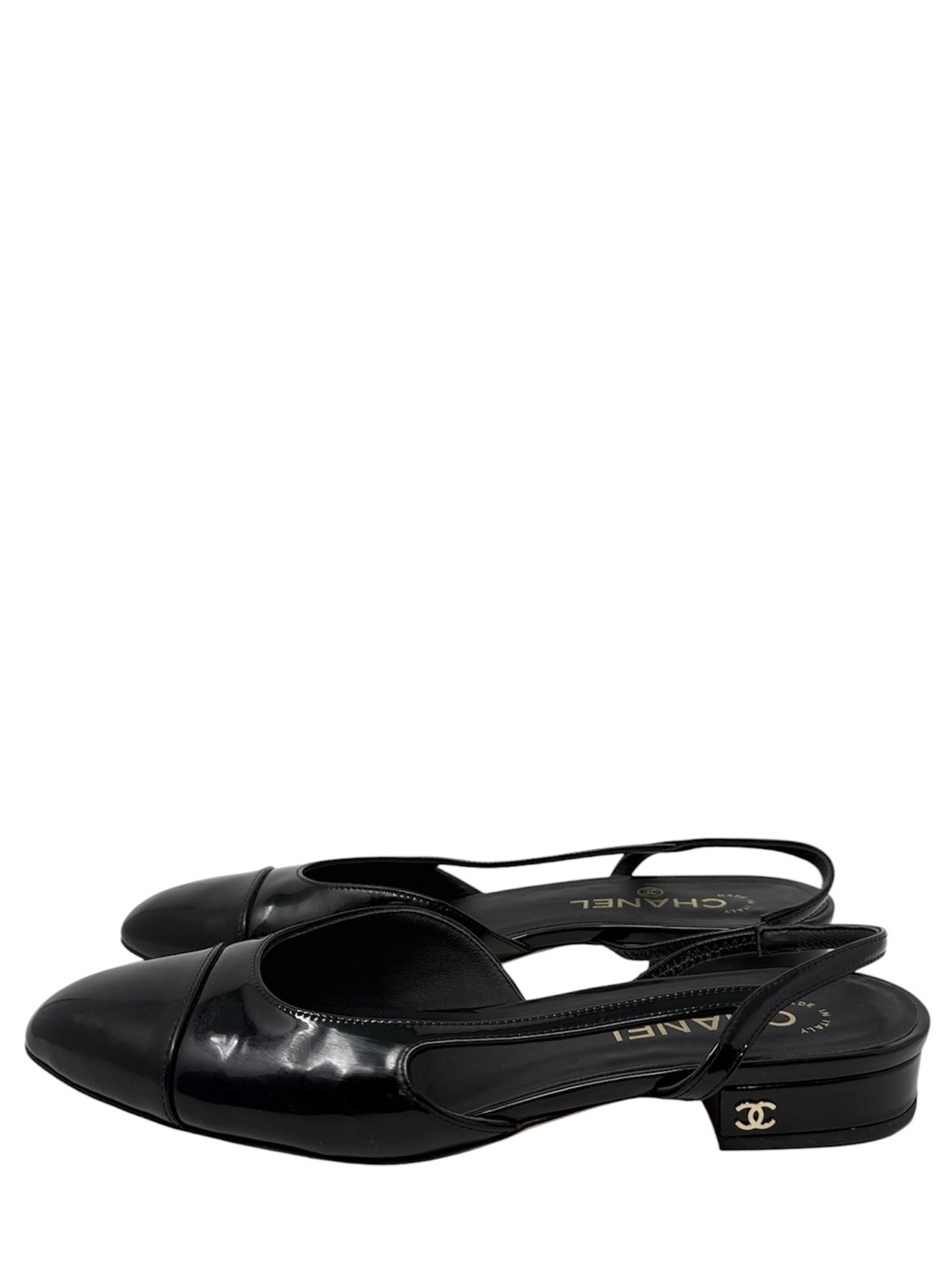 Chanel CC Black Patent Leather Cap Toe Slingback Flats Size 39C
